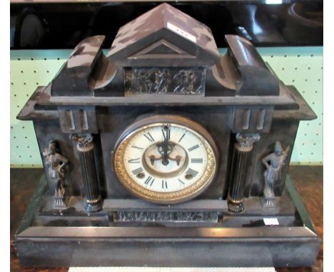 An imposing 19th century black slate marble mantle clock, with Corinthian columns and decorated with classical Roman figures.