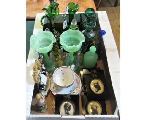 A quantity of Mary Gregory-style glass, together with a pair of green glass lustres, Staffordshire flatback, framed and glaze