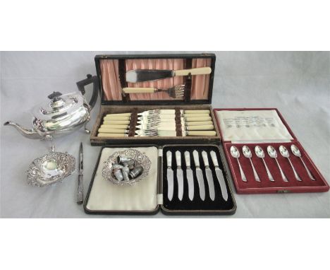 A silver teapot by walker & Hall, Sheffield 1922, a cased set of six coffee spoons, manufactured by R & B, 1953, each having 