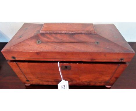 A 19th century mahogany and brass inlaid sarcophagus shaped tea caddy.   Condition Report:  No chips to mixing bowl, conditio