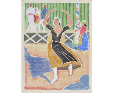 VIOLA [MARY] PATERSON [1899-1813]. Latvian Dancer, 1930. Colour woodcut onlaid paper. Signed and dated in pencil. 24 x 18.2cm