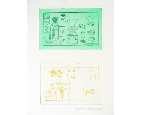 ELIZABETH BLACKADDER DBE RA RSA [b.1931]. Japanese Table, 1987. Two etchings on one sheet of handmade wove paper. Signed and 