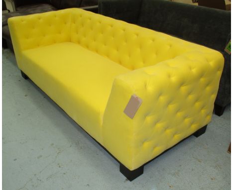 SOFA, dimpled lemon yellow velvet upholstered, 215cm L x 74cm H. 
