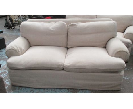 KINGCOMB SOFA, two seater, with oatmeal linen style loose covers, 178cm L x 82cm H. (with stains)