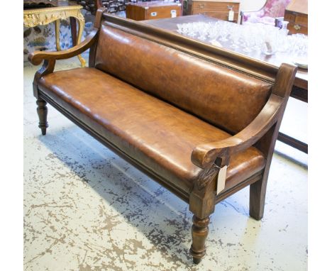 COUNTRY HOUSE HALL BENCH, 19th century mahogany brass studded tan leather with foliate carved arms and turned front supports,