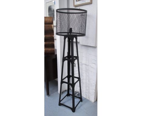 FLOOR LAMP, industrial style uplighter with wire cage shade on a black metal frame, 161cm H.