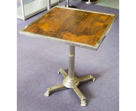 LAMP TABLE, 20th century silvered metal with square grained wood top on reeded column with paw feet, 62cm H x 55cm W. (with f