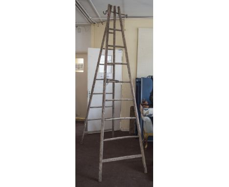 LADDER, early 20th century Provincial ash of 'A' form with iron hinge, 264cm H x 75cm. (with faults)