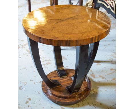 LAMP TABLE, Art Deco design burr walnut and ebonised circular with converging supports, 63cm H x 60cm D. 