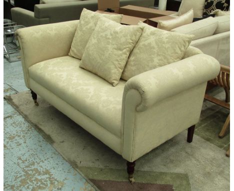 SOFA, of compact proportions, in cream damask, 76cm D x 157cm W x 80cm D. (with faults)