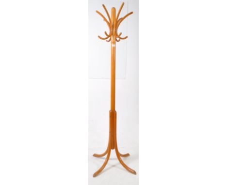 A vintage 20th century Thonet style bentwood floor standing coat stand. Central column supports bentwood hooks, and splayed f