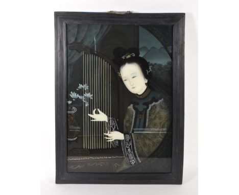 Chinese 20th century reverse glass painting. Depicting a traditionally dressed Chinese woman playing the harp. Framed, glazed