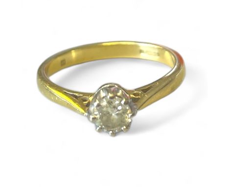 A 1/3 carat 18ct yellow gold diamond solitaire ring. Size O. Gross weight approximately 3.4 grams.