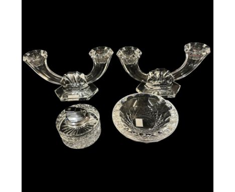 A pair of Val Saint Lambert twin branch candlesticks plus a Baccarat glass table lighter and a Waterford ashtray.   Candlesti