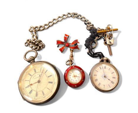 A collection of silver pocket watches. Comprising a Victorian key wound Chronograph in silver marked for James Richardson, Ch