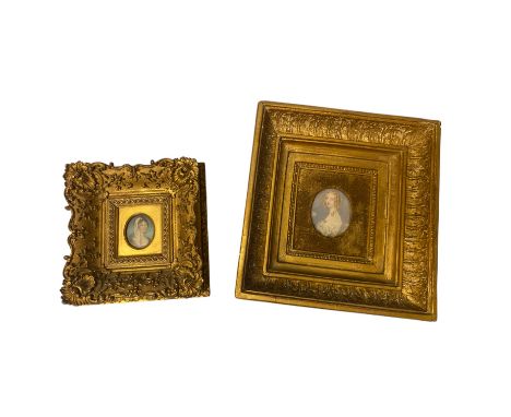 Two gilt frames miniature portrait paintings. Frame sizes 19cm x 5cm x 20cm & 25cm x 6cm x 27cm  The smaller portrait is crac