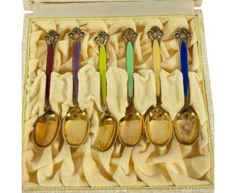 A set of six Norwegian silver gilt enamel coffee spoons, by T.H. Marthinsen, boxed  One spoon chipped