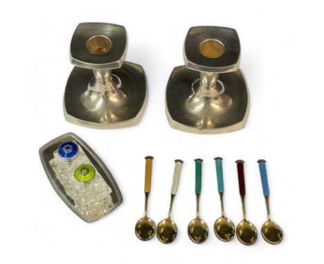 A set of Norwegian silver enamel spoons, 9.5cm, David Anderson cruet with silver enamel topped cut glass salt and pepper, sat