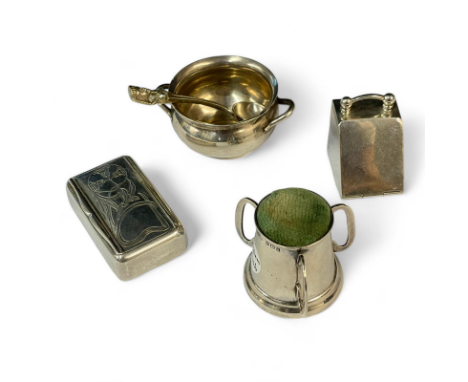 A silver tyg form pin cushion, by Cornelius Desormeaux Saunders &amp; James Francis Hollings, Birmingham, 1906, a silver coal