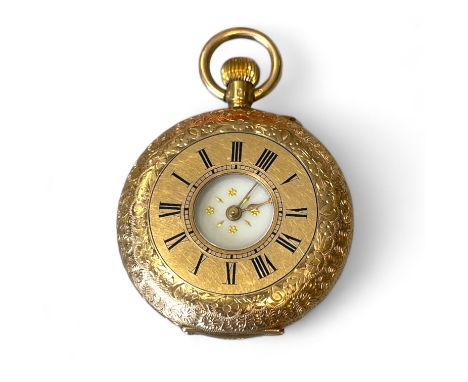 An ornate Swiss ladies half hunter watch, with Swiss "squirrel" marks for 14k gold. With a white enamel and gilded dial, with