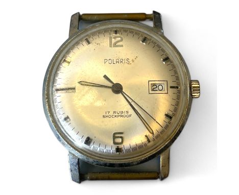 A Polaris stainless steel manual wind gents wristwatch with date.  17 Jewel movement. 33mm case. No strap Appears to run but 