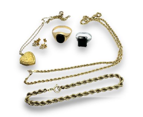 A collection of gold and silver jewellery, comprising a 9ct gold 46cm rope twist chain necklace, a 333 stamped 19cm rope twis