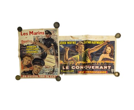 Two French vintage film posters, "Le Conquerant" with John Wayne and Susan Hayward and "Les Marins de l'Orguilleux" with Rich