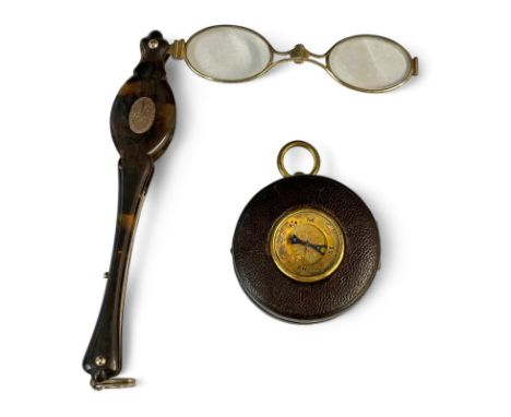 A brass cased 19th century combination compass and barometer, with fitted leather case button missing, together wiith a pair 