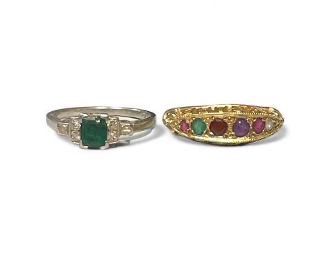An Emerald and diamond Art Deco style ring, together with an acrostic ring spelling "Regard". The Art Deco style ring is set 