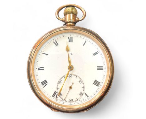 A 9ct gold pocket watch. White enamel dial, with roman numerals and secondary dial, to a keyless wind movement. Winds and app