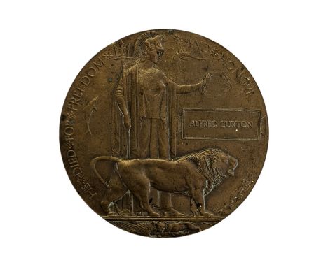 A World War One bronze Memorial plaque 'death penny'

For Alfred Burton (1883-1918) Bedfordshire &amp; Suffolk regiments