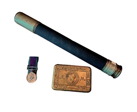 A Military Issue telescope, 1914 chocolate tin and a QE2 campaign medal  QE2 Campaign medal with Northern Ireland bar, inscri