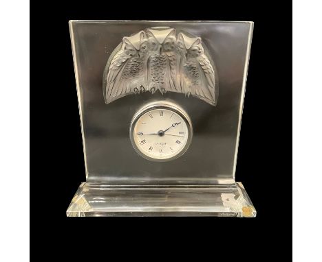 A Lalique France Owl quartz mantel clock. 19cm x 5cm x 18cm high  - Not currently running. May need new battery?