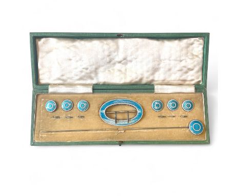 A cased set of silver and enamel buttons, a buckle and a hat pin, one hat pin missing, by Levi Salaman, Birmingham, 1909