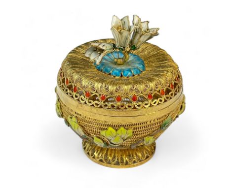 A Chinese silver gilt and enamel filifree footed box, marked Silver  9cm high Approximate weight 114 grams