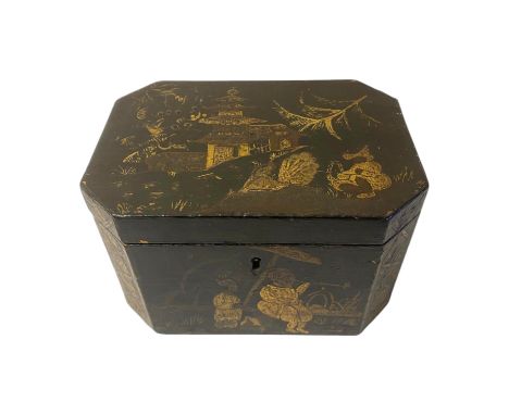 A 19th Century Chinoiserie black lacquered two section tea caddy with satin wood lids 17cm x 12cm x 11cm high Some overall we