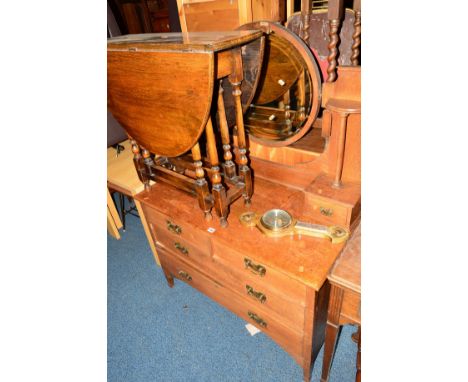 AN OAK ART NOUVEAU DRESSING CHEST, an oak drop leaf table and a barometer (3)