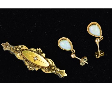 A LATE VICTORIAN DIAMOND BROOCH AND A PAIR OF 9CT GOLD OPAL EARRINGS, the elongated brooch with central star set, single cut 