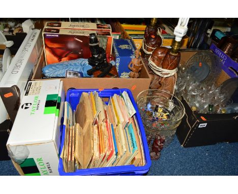 THREE BOXES AND LOOSE GLASSWARES AND SUNDRY ITEMS, to include Ordnance Survey maps, boxed Taylor bowls, The Times 'Atlas of t