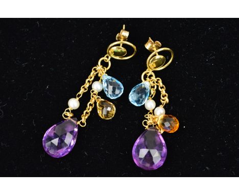 A MODERN PAIR OF MULTI GEMSTONE DROP EARRINGS, to include briolette cut blue topaz, citrine and amethyst stones and cultured 