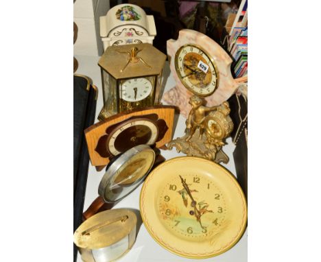 EIGHT VARIOUS CLOCKS AND TIMEPIECES to include a Smith's wall clock, an onyx mantel clock, a Smiths 8 day timepiece, a Kundo 