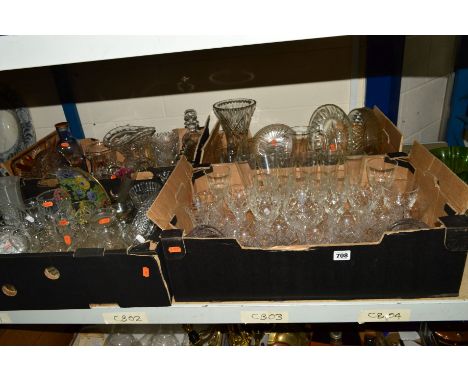 FOUR BOXES AND LOOSE CUT AND PRESSED GLASS, etc, including decorative light shades