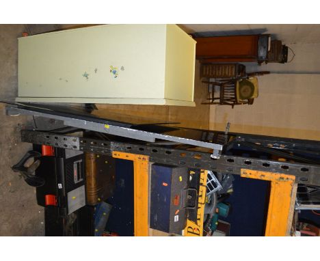 AN METAL TOOL BOX containing various tools and a box including an inspection lamp, Black &amp; Decker hedge trimmer, an Elect