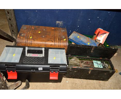 THREE VARIOUS BOXES / TOOL CHESTS and a tin trunk containing various hand tools etc