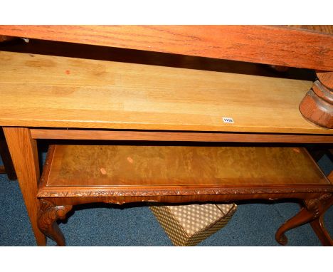 A LIGHT OAK DINING TABLE, width 160cm x depth 80cm x height 75cm, a walnut coffee table, an oak tea trolley and a modern bent