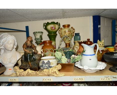 A QUANTITY OF STONEWARE AND CERAMIC ITEMS, etc to include salt glazed jugs, planters and stands, vases and decorative items (