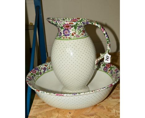 A WILKINSON LTD JUG AND BOWL with floral banding to the rim (2)