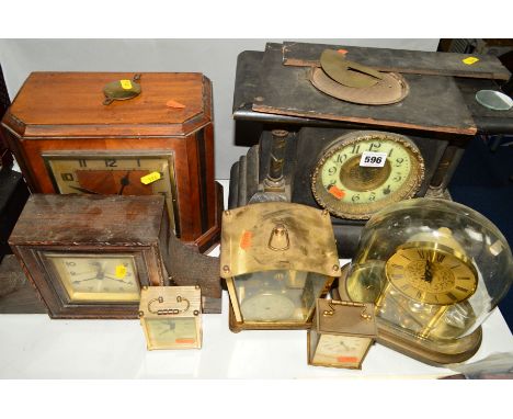 VARIOUS CLOCKS AND TIMEPIECES, to include Kundo domed clock, three wooden mantel clocks (one distressed), etc (7)