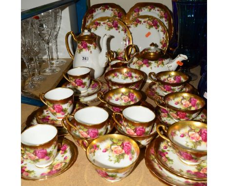 ROYAL CHELSEA 'GOLDEN ROSE' TEA WARES, etc to include coffee and tea pots, serving plates, seven tea cups, five coffee cups a