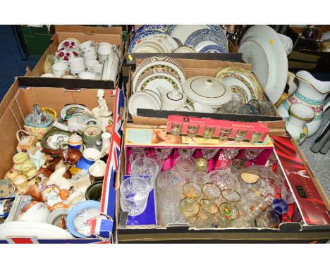 FIVE BOXES AND LOOSE CERAMICS, GLASS, etc, to include Poole 'Argosy' dinnerwares, Wade, Royal Crown Derby etc